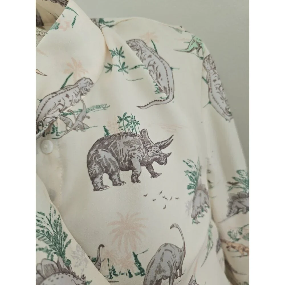 Modcloth Dinosaur Animal Print Miss Frizzle Ivory Bow Tie Button Up Blouse S Top - Picture 6 of 11